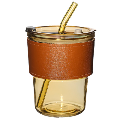 Стакан стеклянный с трубочкой и капхолдером"Karamel", золотой