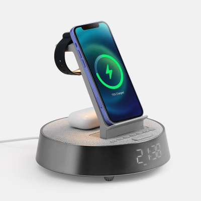 Bluetooth-колонка с беспроводной зарядкой и часами netEnergy, серая